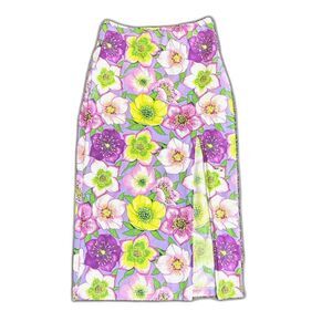 Manuel Canovas Paris Purple Multi Floral Jersey Midi Skirt with Slit Size 12